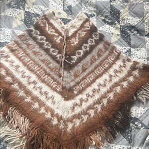 Boho Brown & Cream Knit Fringe Poncho